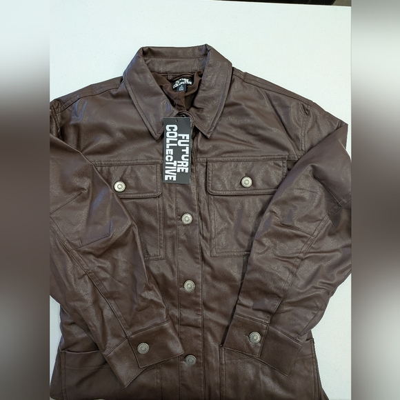 Future Collective Brown Faux Leather Coat Women Medium Button Front Long Jacket - Picture 3 of 13